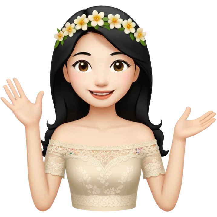 beautiful happy Thai woman with long straight black hair, fair skin, smiling gently while doing Thai greeting gesture (wai), wearing a cream lace off-shoulder blouse, hair decorated with flowers, pastel background, emoji style illustration emoji