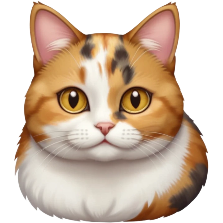 torbie and white cat with small head, hazel eyes, and short but chubby body emoji