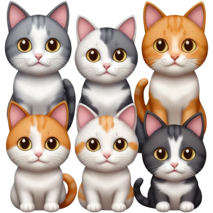 5 different coloured short haired cats including; a dark brown and white cat, and a dark grey and white, and a calico emoji