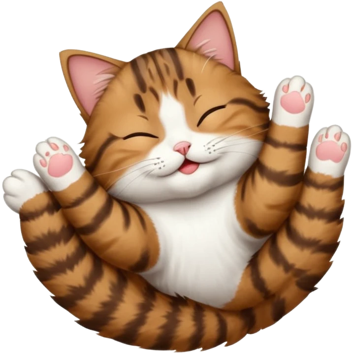 dark brown tabby and white cat in funny positions upside down with eyes closed emoji