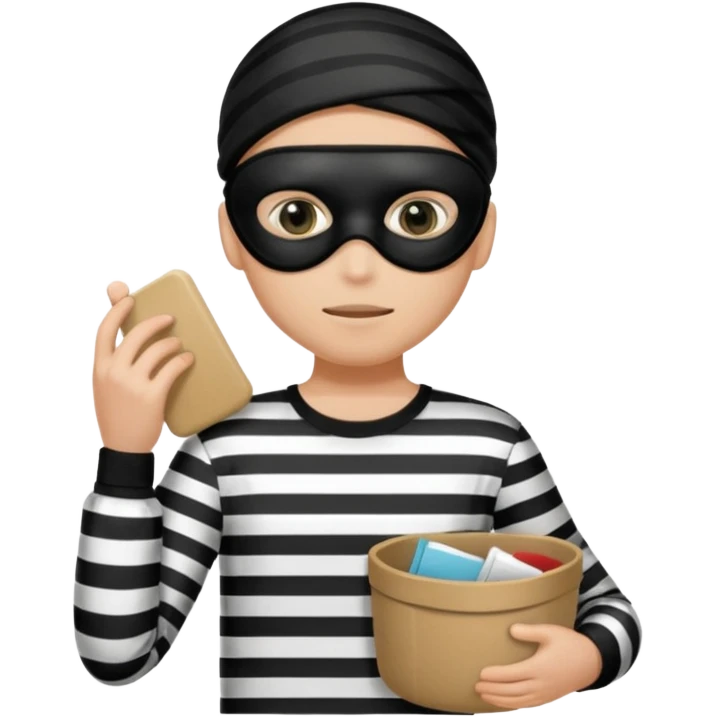 Thief emoji with striped black and white shirt eyemask and thief stuff emoji