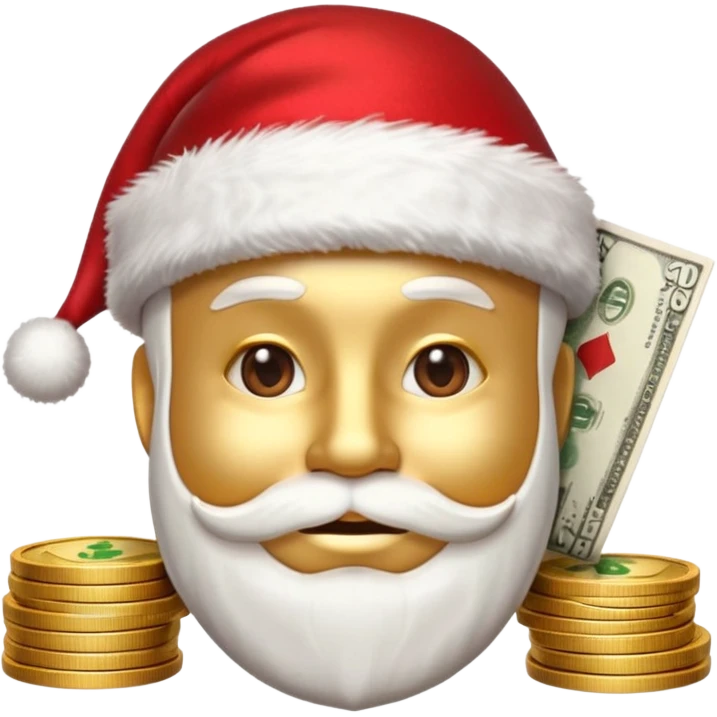 A confident rich emoji face wearing a Santa hat, money stacks, casino vibe, New Year theme, premium 3D emoji style, sharp details, no text, isolated on transparent background emoji