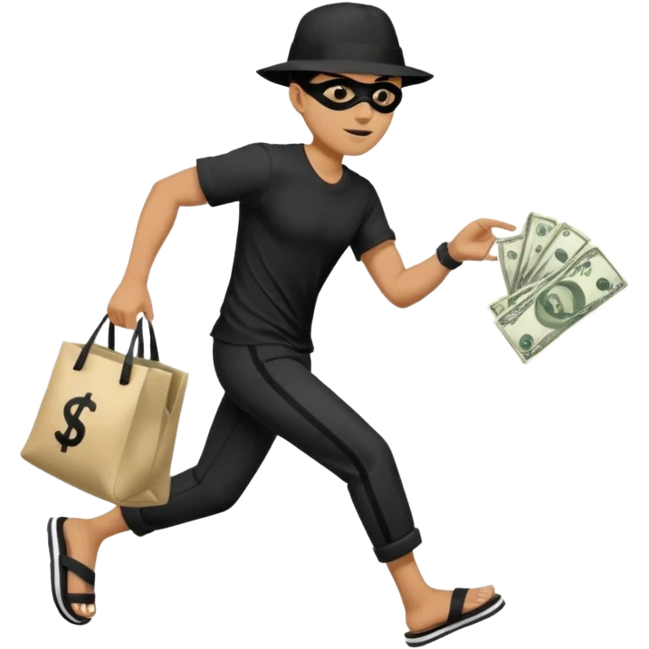 Make a man wear a black pant and he shirt is balck line and white line and wear a black hat and he holding a money bag and he running he wear a black eye thing no money in the Left hand and he yellow and the money bag in the right he wear a flip flop like this is Money bag 💰 NO MONEY emoji