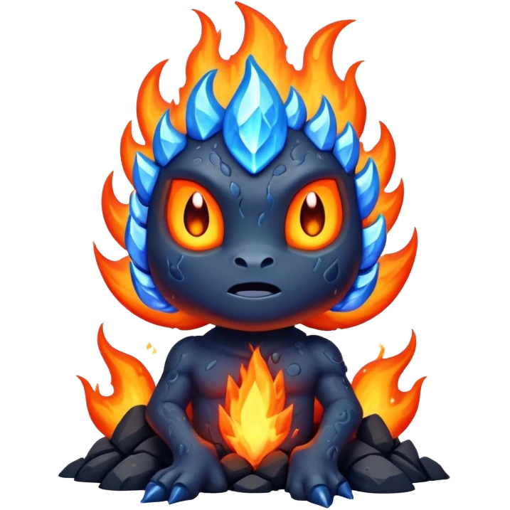 a mystical fast lava creature without arms with molten lava on its head and some rocky shoulders, fire crystals, blue flames, fire legs, no background emoji