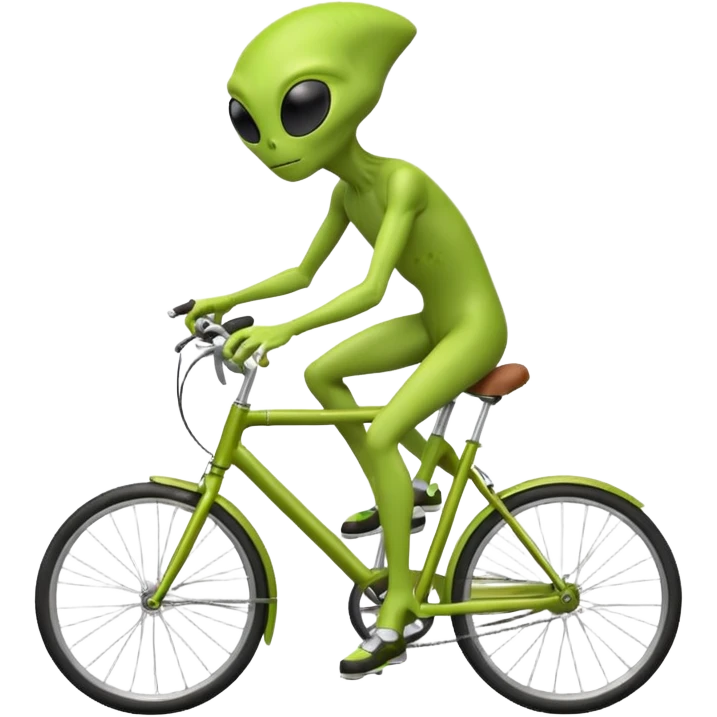 green alien riding a bicycle, big black eyes, thin body, casual cycling pose, playful sci-fi vibe, 3D cartoon, mobile game icon style, clean background, no text, no watermark
 emoji
