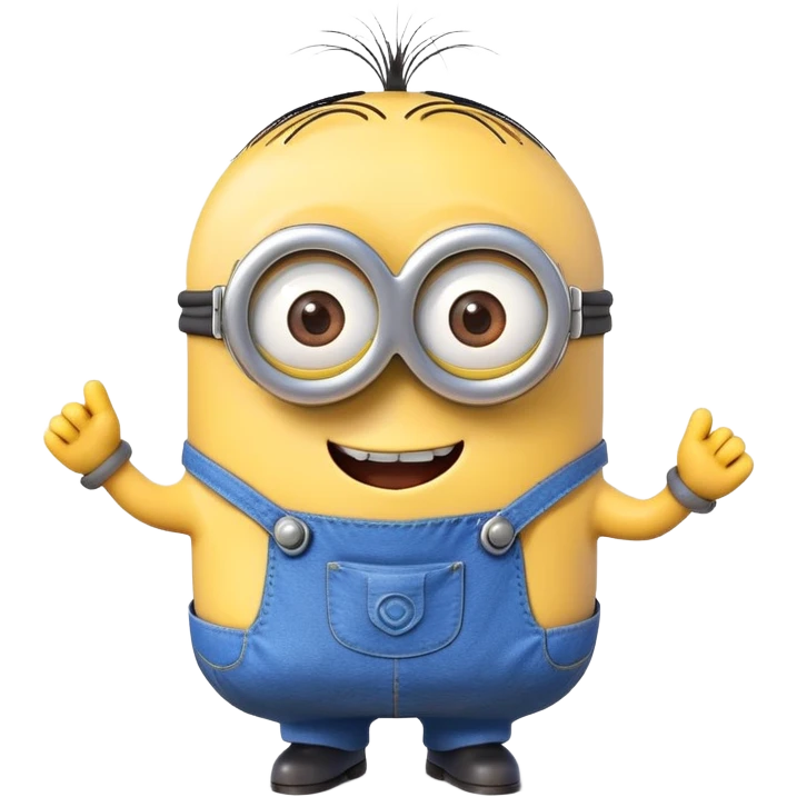 "Create a 3D emoji of Stuart the Minion with his one eye, blue overalls, and a playful grin. Make it vibrant, glossy, and fun!" emoji