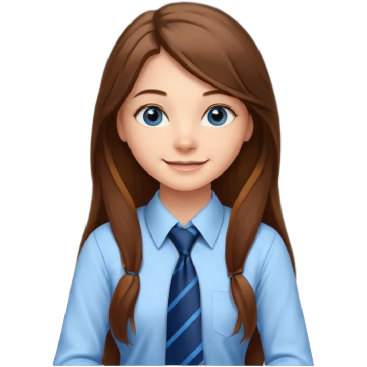 high school class room with a pretty female high school student with long brown hair, blue eyes, wearing a tie, sitting in front of the blackboard emoji
