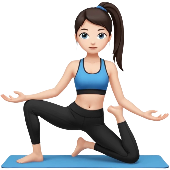 A girl with fair skin and a caring blush. Her eyes are big, expressive, blue. Her hair is long, straight, dark brown.
 in a ponytail, she is wearing black leggings and a black sports bra. doing yoga emoji