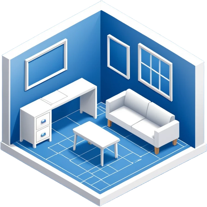 blue blueprint plan with white lines, isometric angle, shaded furniture or objects emoji