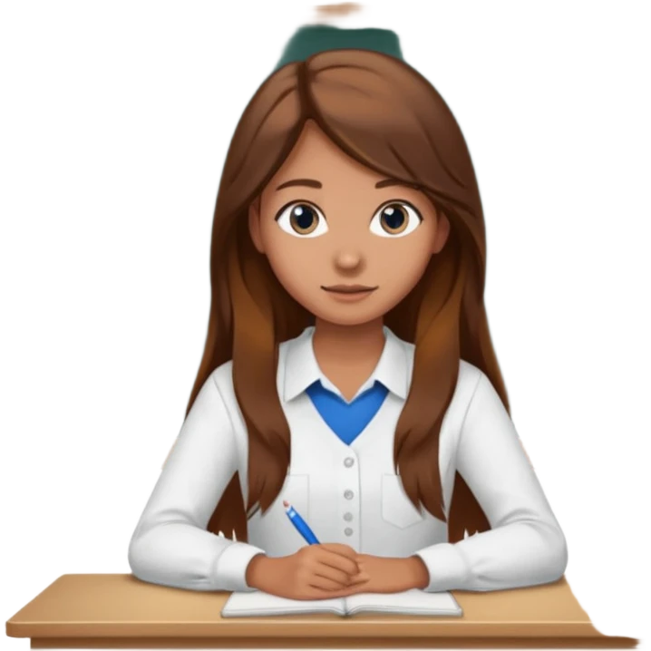 high school class room with a pretty female high school student with long brown hair, blue eyes sitting in front of the blackboard emoji