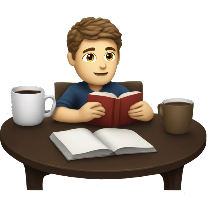 A white boy reading books at a coffee table with a cup of coffee next to him emoji