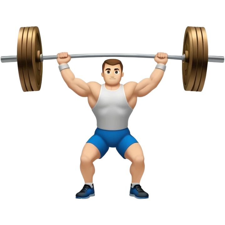Emblem symbolizing weightlifting, featuring a barbell with heavy weights on either side, lifted above a strong, determined figure. The design conveys strength, focus, and the precision required in the sport. The barbell is centered, with a dynamic, bold style to emphasize power and athleticism.  emoji