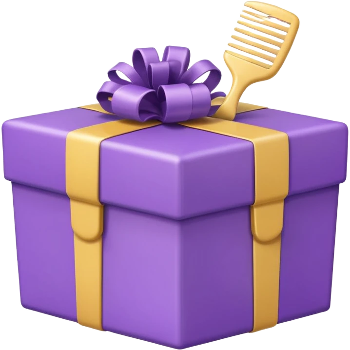 Kawaii emoji illustration of a purple gift box with a comb inside, chubby proportions, glossy finish, pastel colors, soft shading, adorable style, simple and clean design, transparent background emoji