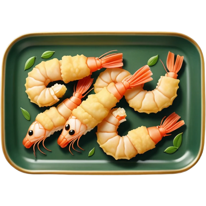 Tempura shrimps on a rectangular dark green porcelain tray emoji