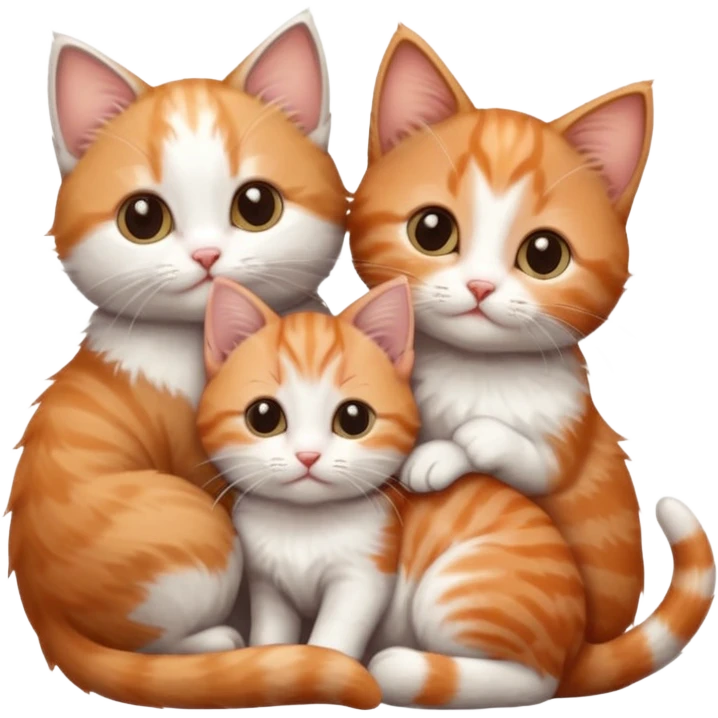 3 tiny kittens cuddling together all different colours, the first one is grey and white, the second is ginger and white and the third is brown tabby and white emoji