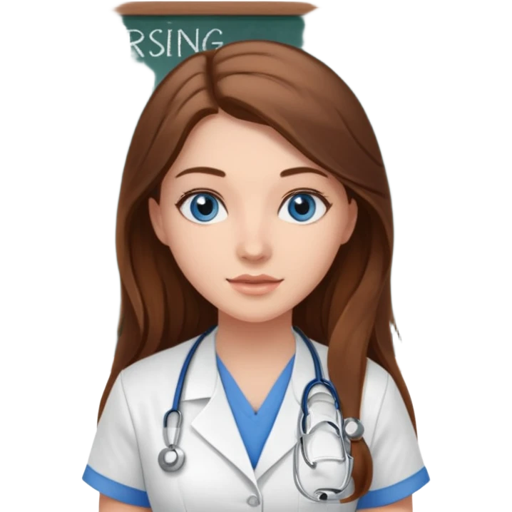 inside a classroom at university that says nursing school on the board with a pretty female nursing student with long brown hair, blue eyes emoji