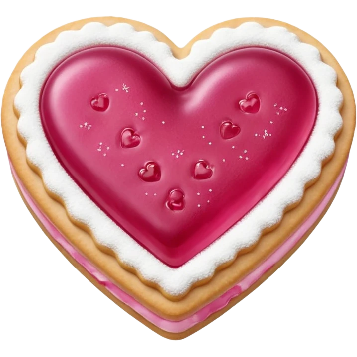 Realistic shortbread cookie in the shape of a heart with pink jelly middle filling and sprinkled powder sugar on top. emoji