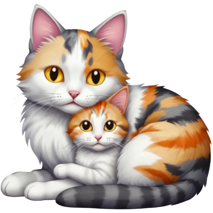 grey and white cat cuddling a colourful light patched calico + white tabby cat emoji