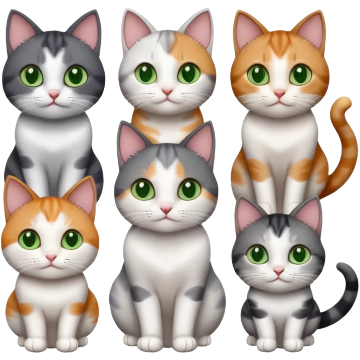 6 different coloured small cats including a dark grey and white, and a patchy calico, and a brown tabby and white,  and a completely solid dark grey with green eyes and only white paws emoji