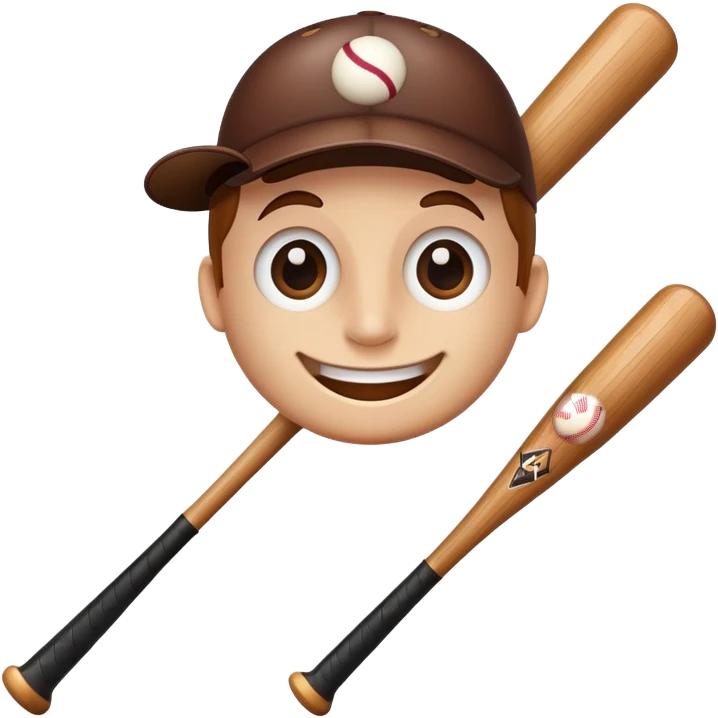 A wooden baseball bat with a friendly face including eyes, nose and smiling mouth emoji