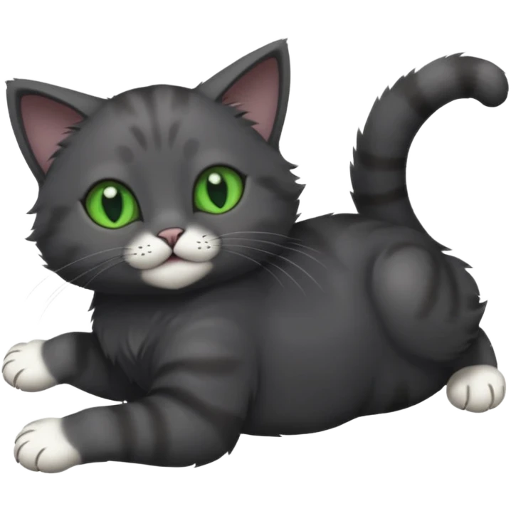 solid dark grey cat with green eyes, completely grey face, white toes/paws playfully rolling upside down emoji
