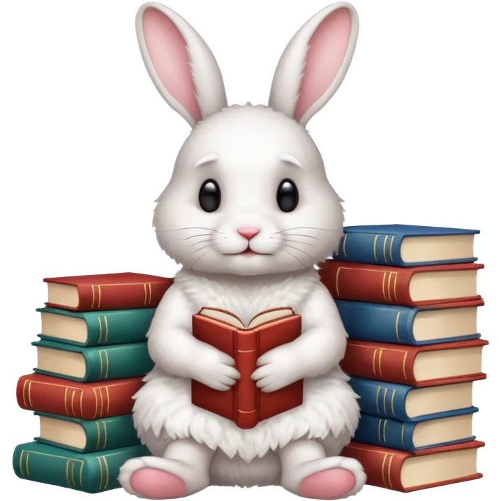 White rabbit sitting on 4 legs next to a stack of books consisting of 3 books emoji