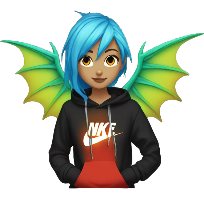 Lady with brunette and iridescent blue hair, gold, lime green dragon wings, black hoodie, bleach dyed, black and gold Nike t shirt, and bright red eyes emoji