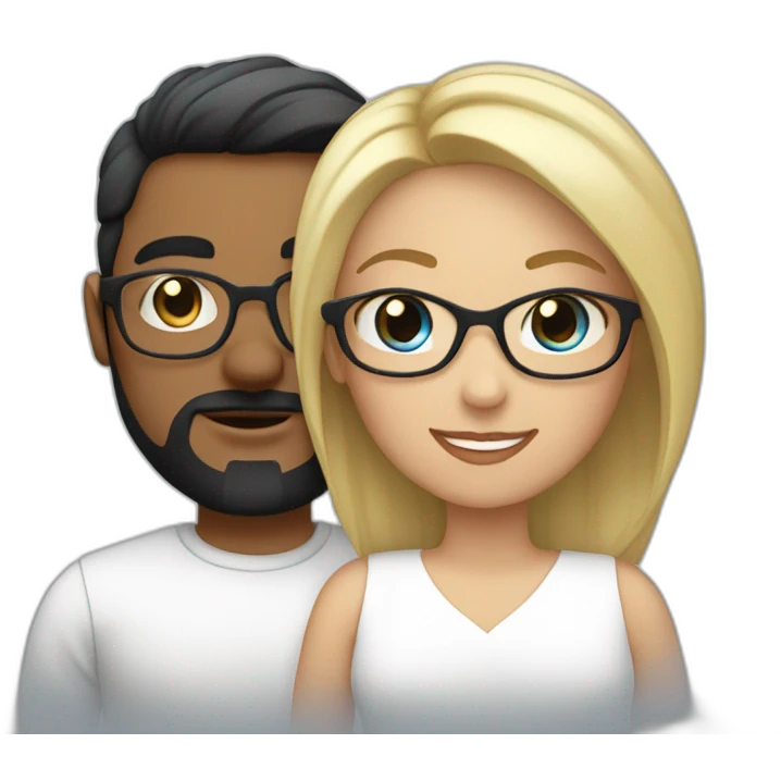 Couple in love. She has blue eyes, dark hair and wears glasses. He has short blond hair, three day beard and wears glasses emoji