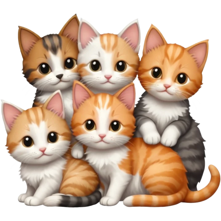 6 tiny kittens cuddling together all different colours, the first one is grey and white, the second is ginger and white and the third is brown tabby and white emoji
