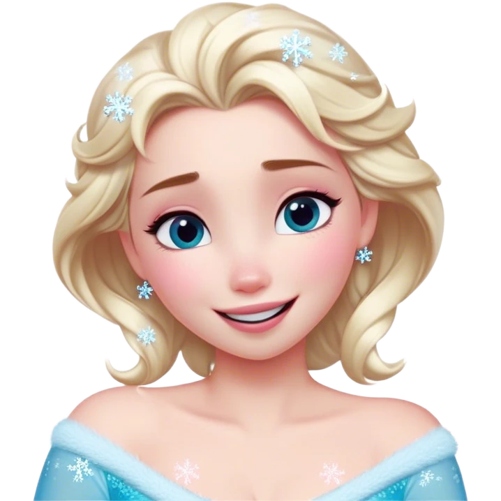 Cinematic Adorable Elsa Portrait Emoji, Giggling as tiny snowflakes swirl around her, cheeks flushed pink from the cold, eyes twinkling with warmth, a heart-melting mix of beauty and playfulness! emoji