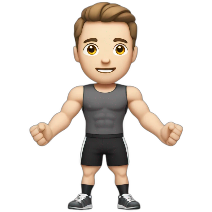 Close up Actively gesturing  with hands Pale skinned Fit Man With the biceps and brown hair in dark gray Sleeveless Mike, black oversize sports shorts, watch and white Sneakers emoji