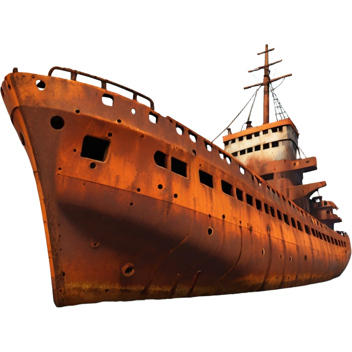 rusted ship wreck, heavily corroded metal hull, orange-brown rust textures, abandoned old ship, weathered surface, dramatic lighting, cinematic atmosphere, 3D cartoon style, mobile game environment art, clean composition, no people, no text, no watermark
 emoji