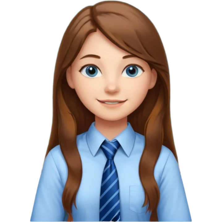 high school class room with a pretty female high school student with long brown hair, blue eyes, wearing a tie, sitting in front of the blackboard emoji