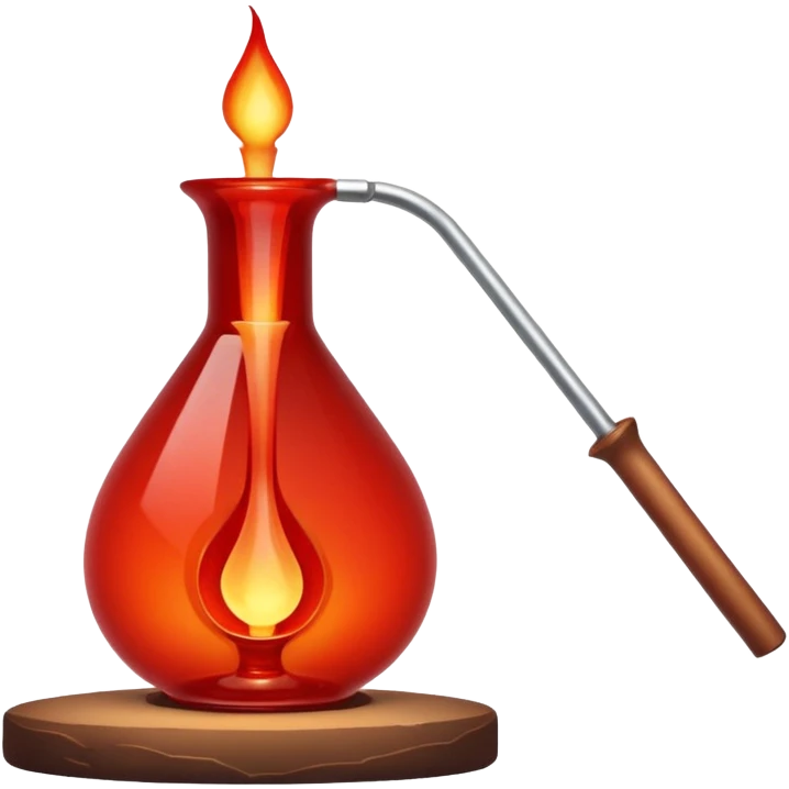 Glassblowing and casting icon, molten glass being shaped into a delicate object with a blowpipe, glowing red-hot glass being poured into a mold, unfinished glass sculpture, minimalistic style, clean lines, transparent background. emoji