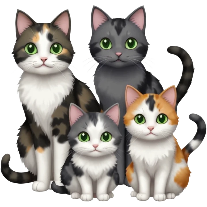 3 different coloured small cats including a dark grey and white, and a patchy calico and a completely solid dark grey with green eyes and only white paws emoji