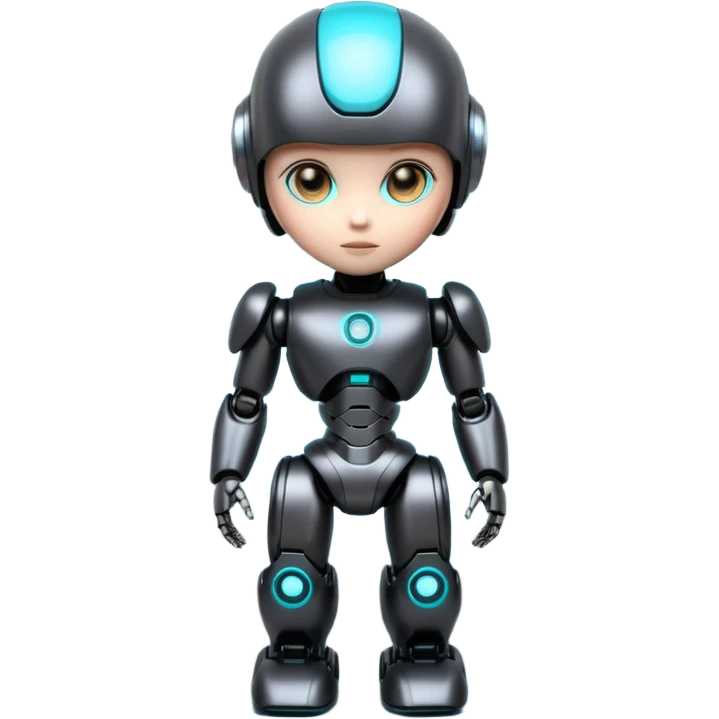 Cute futuristic chibi humanoid robot with large rounded head, add text on chest "LMX", glossy black and grey metal body, glowing cyan and amber eyes, visible joints, confident pose, white background, high-detail 3D render,  emoji
