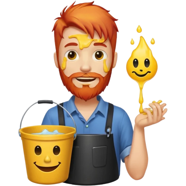 Man with red beard carrying bucket of melting smiley face emoji