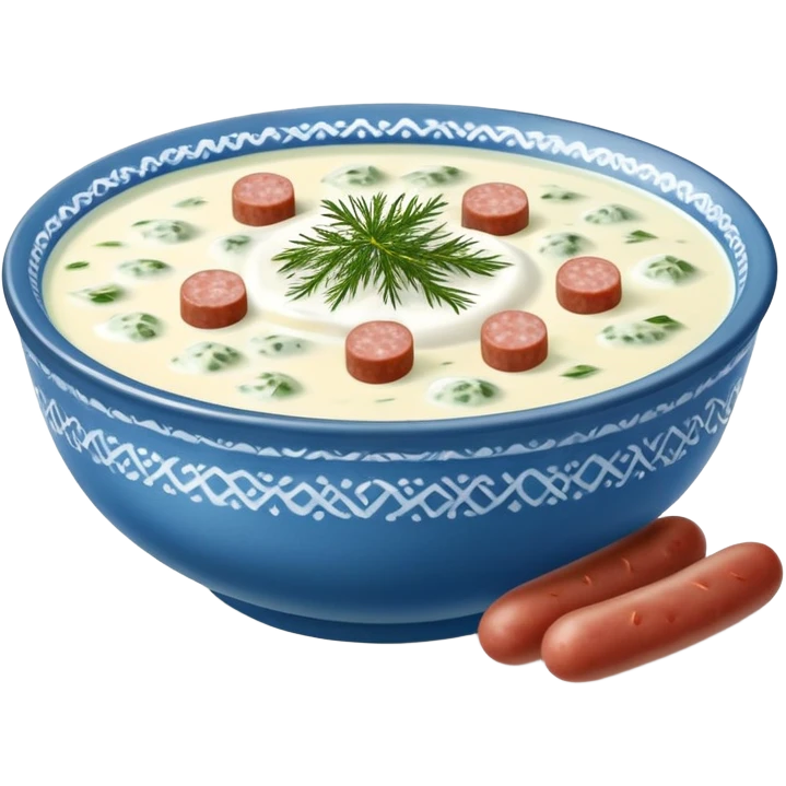 Okroshka Russian Soup with yogurt, diced cucumbers, dill,  diced sausages, in a blue bowl  emoji