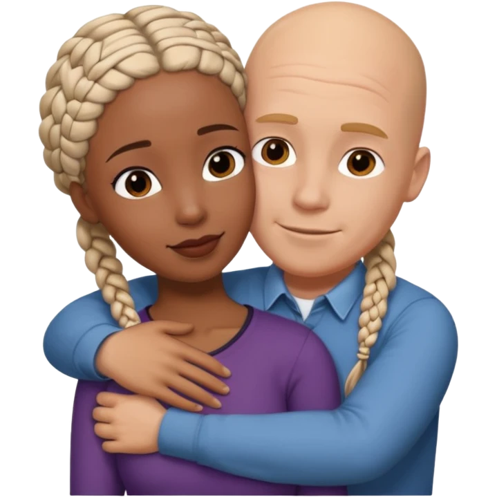 Bald white guy hugging black female friend with braids emoji