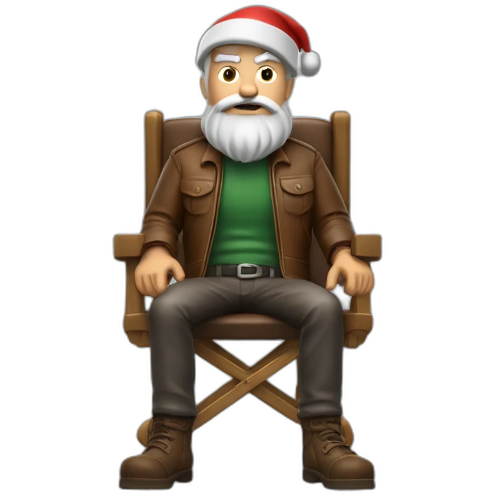 biff wiff short santa beard wearing a brown leather jacket and a paddy cap sitting in a folding directors chair looking angry(full body, ios17) emoji