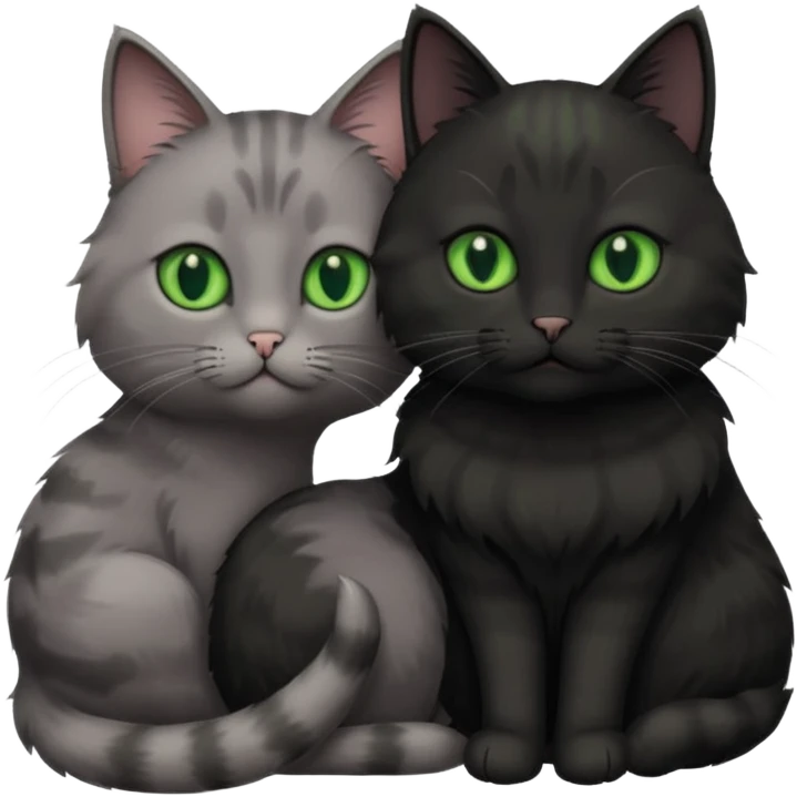 1 grey cat with green eyes and 1 black with green eyes cat cuddling emoji