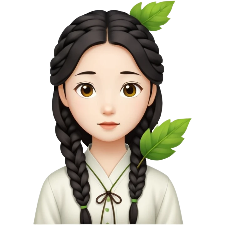  A Chinese girl with a long braid, a brown hairpin shaped like a leaf, and a white blouse, breathing in the spring air. emoji