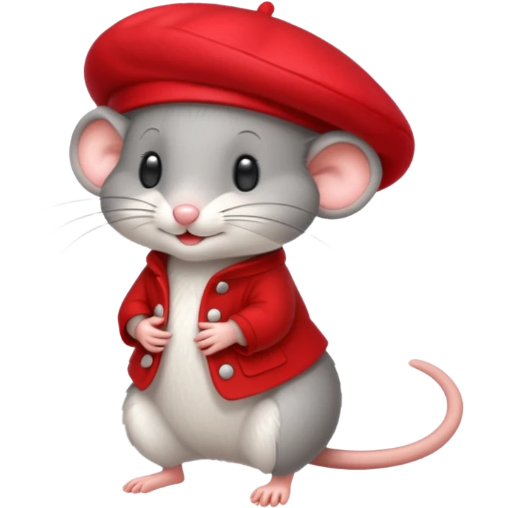 A cute mouse emoji, full-length, side view, wearing a stylish red beret. emoji