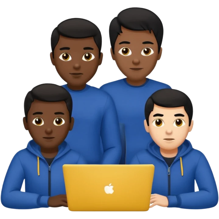 technologist using laptop coding with 2 other technologist color yellow three of it is man  that using 3 laptop the hair is black and the cloth is dark blue emoji