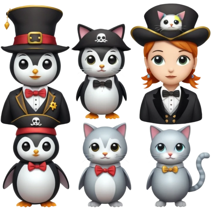 Penguin Wizard, pirata, gato con sombrero y pajarita y mujer con cuerpo de robot emoji