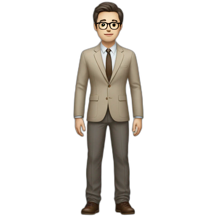Full height Actively gesturing with hands Pale skinned fit man with dark brown hair in gray jacket, beige office shirt, brown tie, brown pants and vintage glasses. emoji