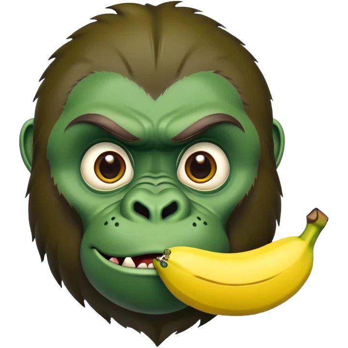 A cartoon banana with a forest green gorilla face, big nostrils and menacing expression emoji