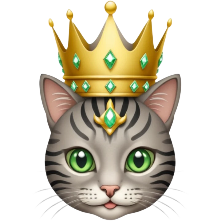 Gatito gris con rayas negras ojos verdes vestida de reina con coronas y diamantes emoji