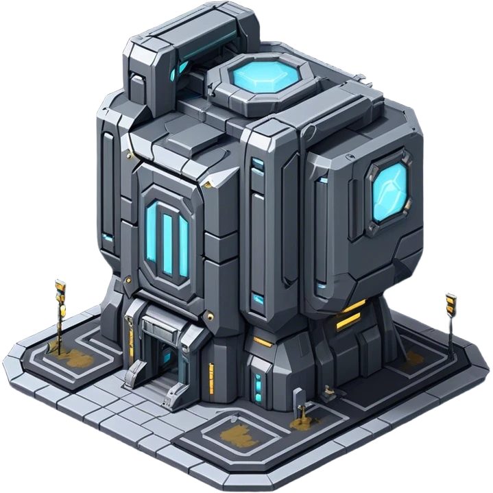 StarCraft-inspired, isometric RTS building with a rugged Terran look: thick metal plating, rivets, subtle wear, and a gunmetal palette plus one accent color. Add minimal glowing panels for a high-tech feel. Keep it compact—like a forward outpost—and show it from a clean isometric angle, emphasizing an industrial sci-fi style and clear silhouette. emoji