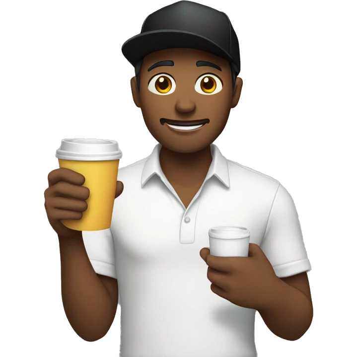 Men using a black cap with white shirt, and holding a cup emoji